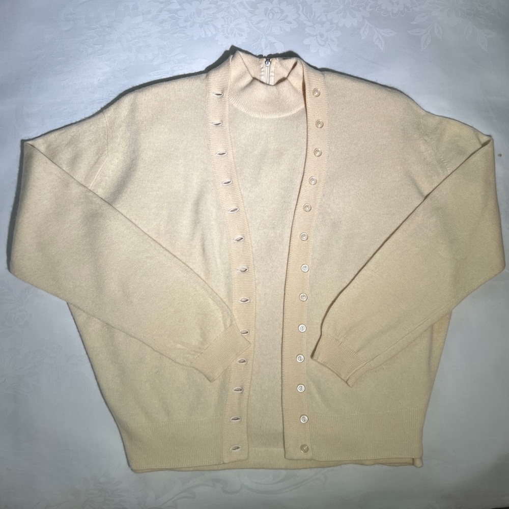Vintage 1950s Pringle Golfcraft Cashmere Cardigan Sweater Twin Set Cream - M